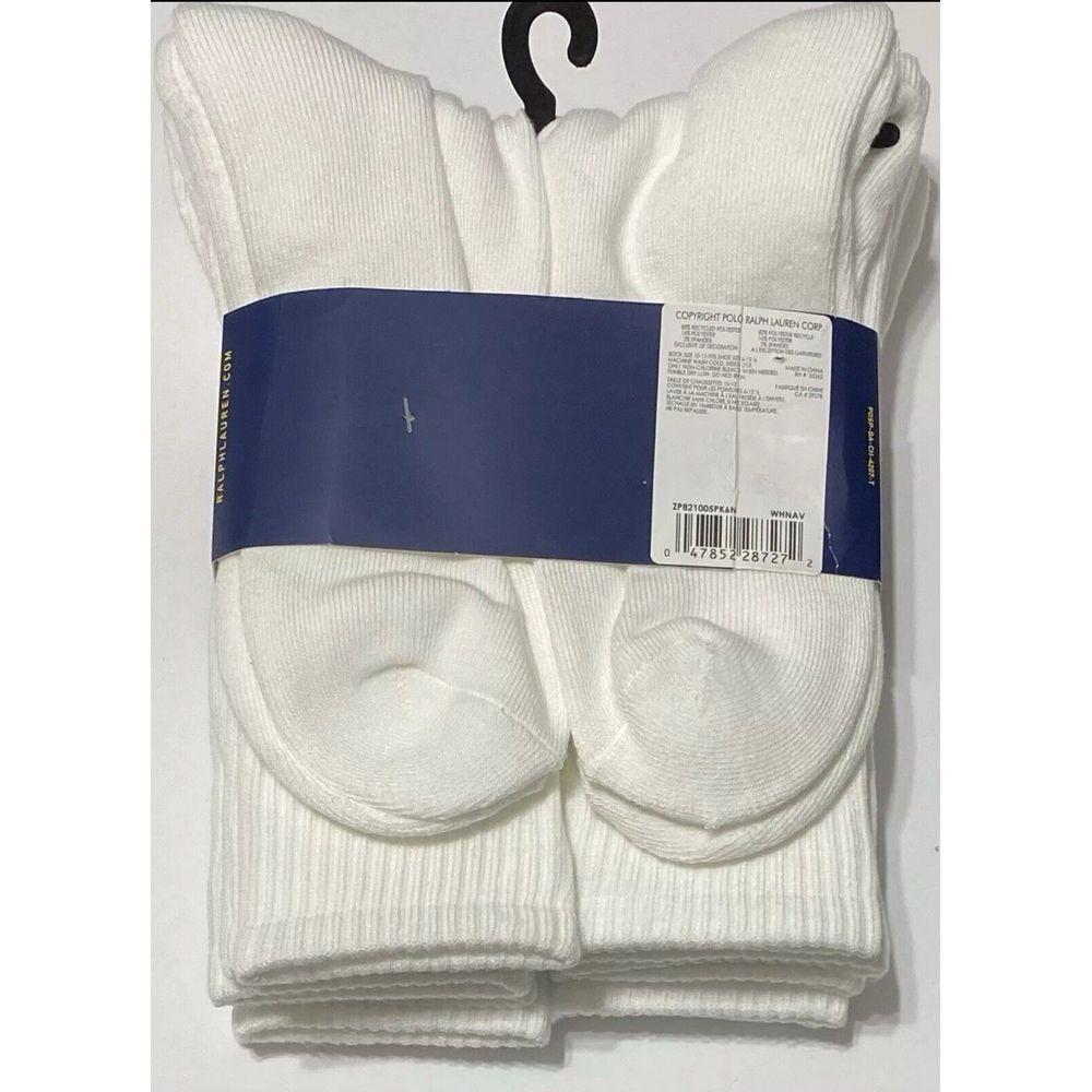 Polo Ralph Lauren Classic Sport 6-Pair Crew Socks White with Blue‎ Polo Pony - Picture 3 of 3